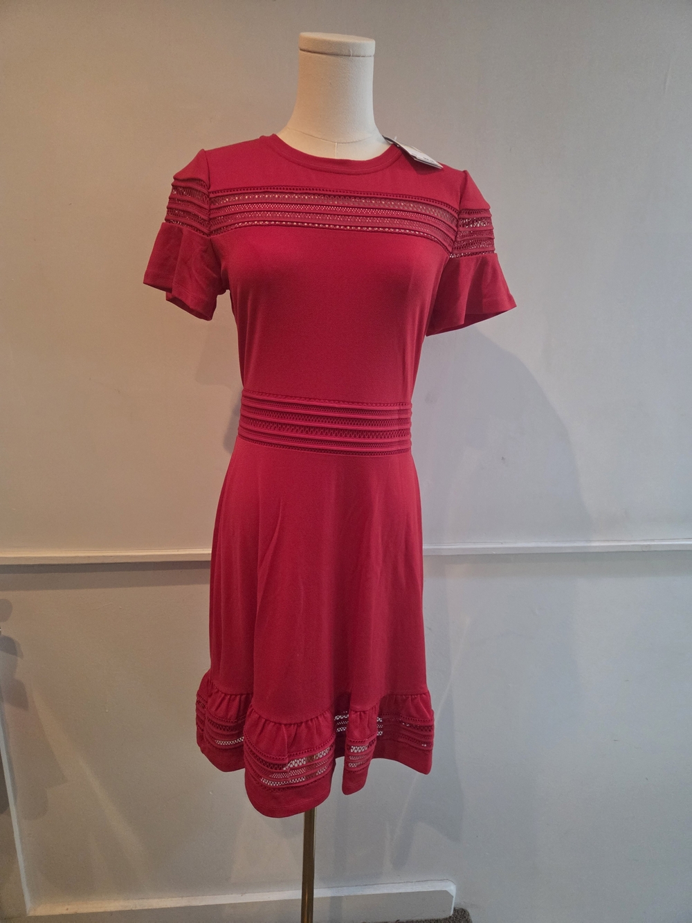 Michael Kors Scarlet Red Lace Trim Ruffle Dress Size P/M NWT
